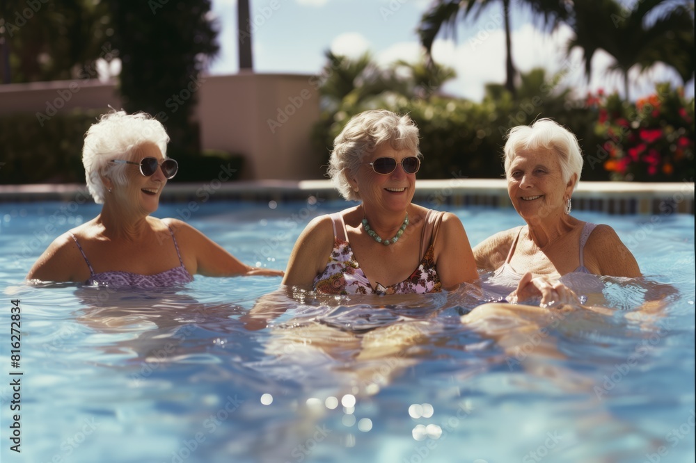 women of retirement age smile and relax. Golden age women swim in the pool
