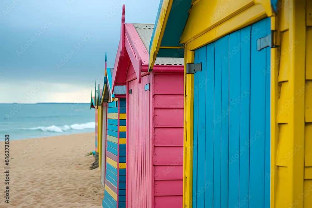 A row of colorful beach huts lined up on a sandy beach with a cloudy sky in the background, representing leisure and coastal lifestyle