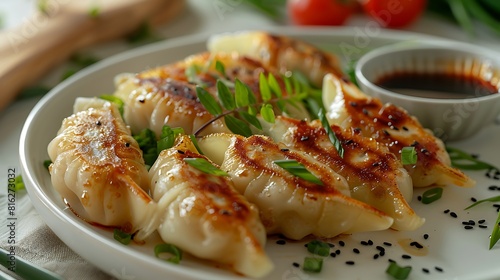 Fresh presentation of Chicken potstickers with soy dipping sauce, food studio photography