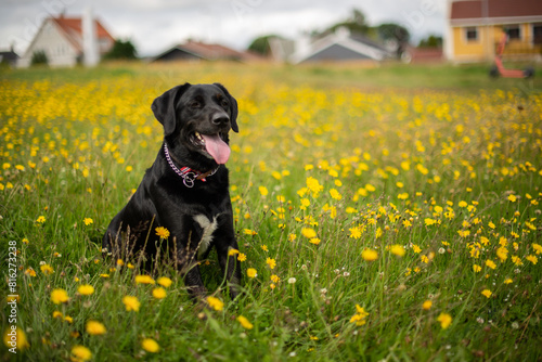 Black Labrador Sitting in a Field of Yellow Flowers