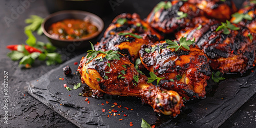 Piri Piri Chicken on a slate serving board, Mozambican grilled chicken, Spicy and flavorful dish with charred edges