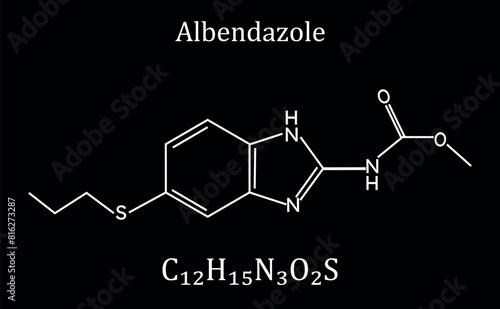 Albendazole molecule infographic.  Worm infestations treatment. Vector illustration.