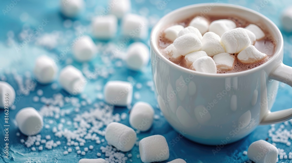 Hot Cocoa with Marshmallows in a White Mug on a Blue Surface Hot Cocoa with Marshmallows in a White Mug on a Blue Surface