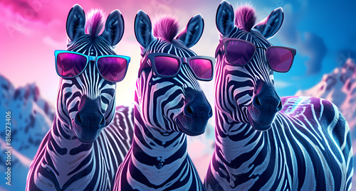 Three zebras wearing pink sunglasses against a mountain backdrop  blending wildlife with a touch of humor in a stylized setting