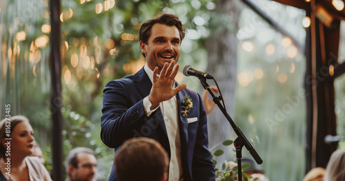 best man making speech at wedding ceremony celebration, friend or emcee speaking in microphone at holiday or birthday, happy male in suit toasting photo
