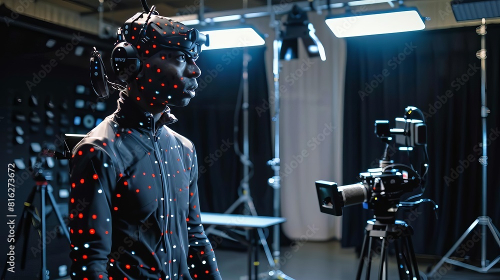 A hightech motion capture studio filled with cameras and sensors, capturing the movements of an actor dressed in a fitted suit with reflective markers, Close up A hightech motion capture studio filled with cameras and sensors, capturing the movements of an actor dressed in a fitted suit with reflective markers, Close up