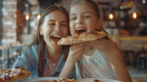 Happy mother and daughter eat pizza in a cafe and having fun   Generative AI