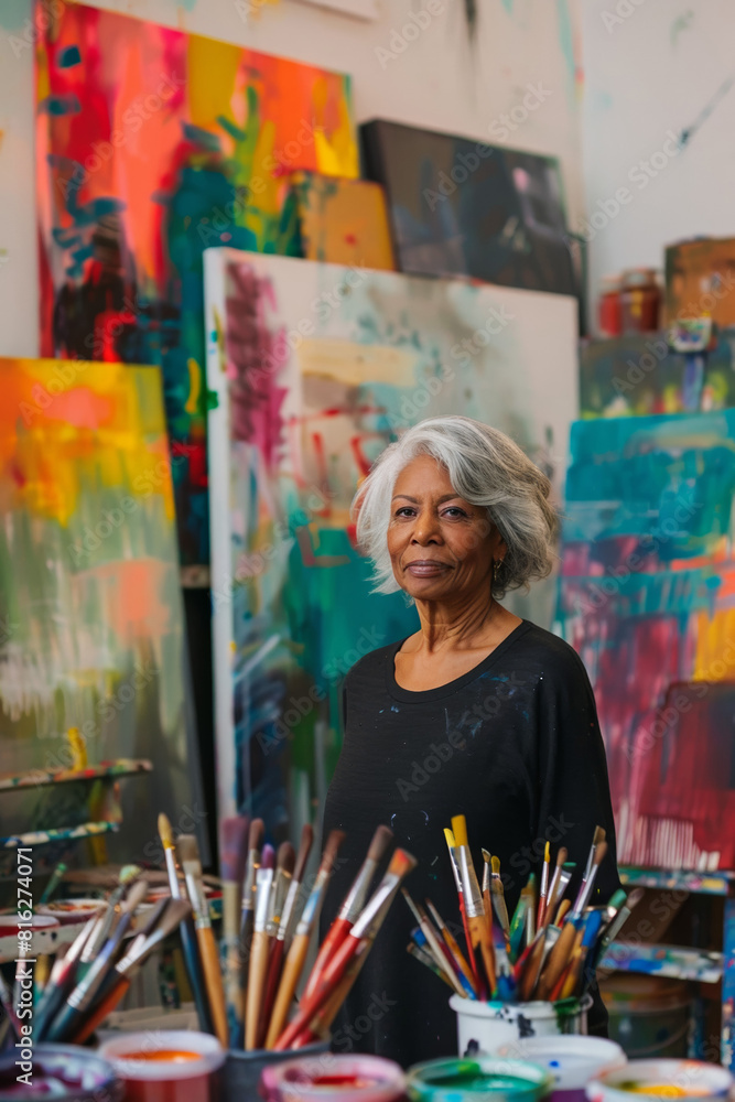 senior black painter woman artist at drawing studio standing by creative colourful pictures and paintbrushes, retired woman looking at camera, art and hobby concept, impressionism and abstract
