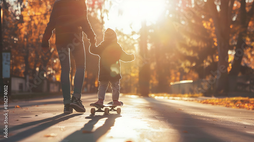 Mother and child spending their free time skateboarding outdoors Happy family spending leisure time together : Generative AI