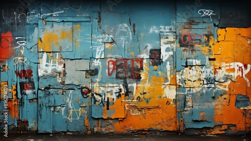 A blue and orange brick wall covered in graffiti of various colors  including black  white  orange  and yellow. The graffiti includes words  phrases  and symbols
