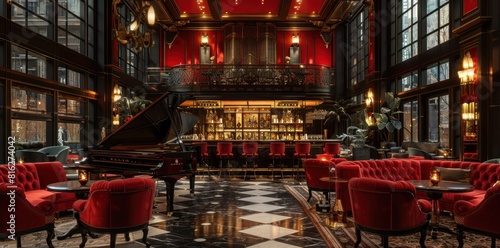 The bar room is luxurious and grand with a grand piano and red sofas