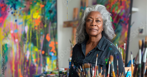 senior black painter woman artist at drawing studio standing by creative colourful pictures and paintbrushes, retired woman looking at camera, art and hobby concept, impressionism and abstract