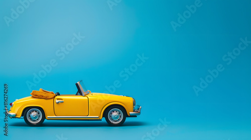 Model of yellow retro toy car cabriolet on solid blue background Miniature car side view with copy space : Generative AI
