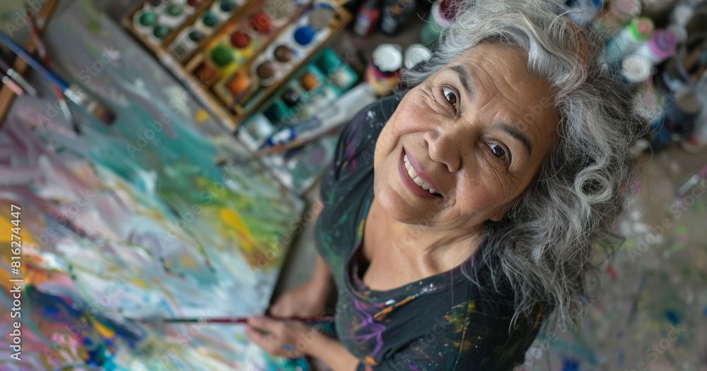 senior latina painter woman artist at drawing studio standing by creative colourful pictures and paintbrushes, retired woman looking at camera, art and hobby concept, impressionism and abstract senior latina painter woman artist at drawing studio standing by creative colourful pictures and paintbrushes, retired woman looking at camera, art and hobby concept, impressionism and abstract