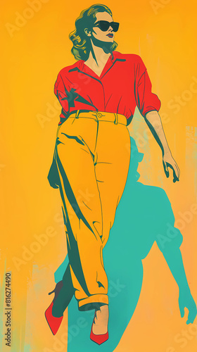 Retro Neon pop-art illustration of a stylish woman walking