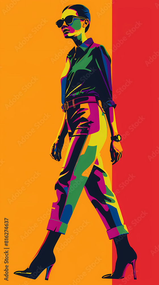 Retro Neon pop-art illustration of a stylish woman walking