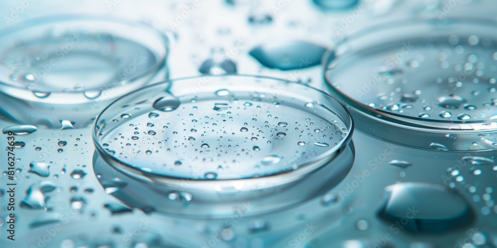 Closeup of large flat circular lenses of different sizes on a light blue background, macro photography of optical lenses Closeup of large flat circular lenses of different sizes on a light blue background, macro photography of optical lenses