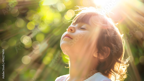 Fototapeta Naklejka Na Ścianę i Meble -  Child breathing fresh air Child faith praise and happiness and freedom Kid resting in summer park Kid put face to the sun closed her eyes and feeds energy of nature dreams : Generative AI