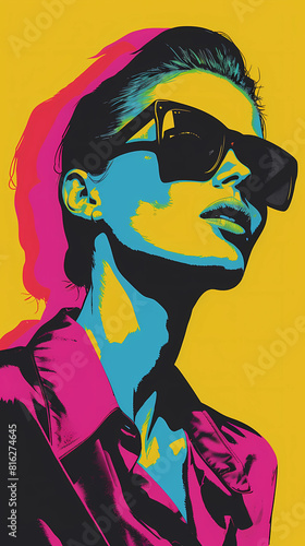 Retro Neon pop-art illustration of a stylish woman in sunglasses