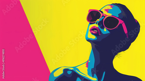 Retro Neon pop-art illustration of a stylish woman in sunglasses