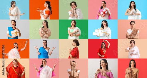 Collage with many beautiful Indian women on color background