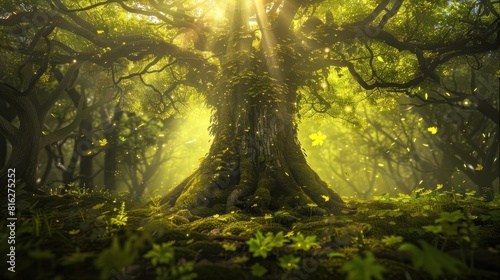 Ancient Big tree in fantasy tranquil forest