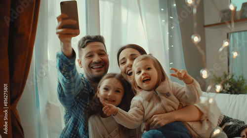 Full length smiling father holding cellphone making selfie shot recording video with happy wife and little kids siblings Excited parents looking at mobile screen with kids feeling exci : Generative AI photo