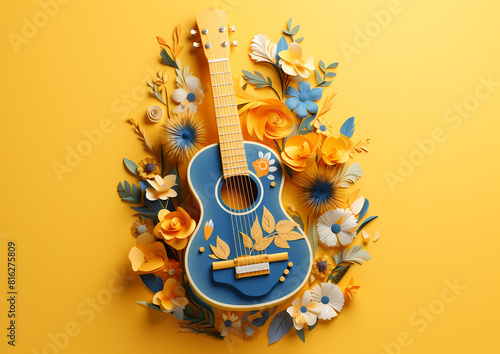 A blue ukulele with vibrant paper flowers, ideal for springtime musical themes