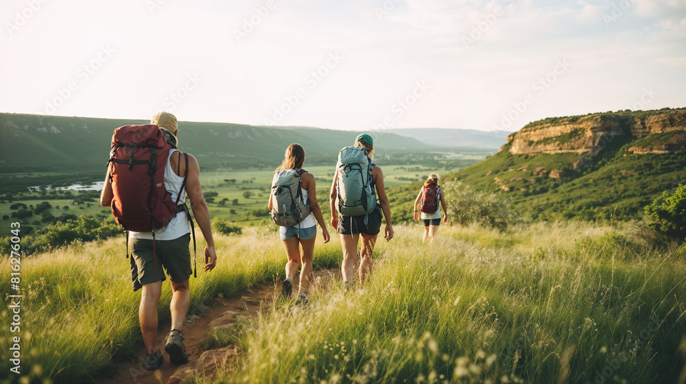 Hikers with backpacks trek through a grassy valley against a backdrop of hills during the late afternoon sun - Generative AI