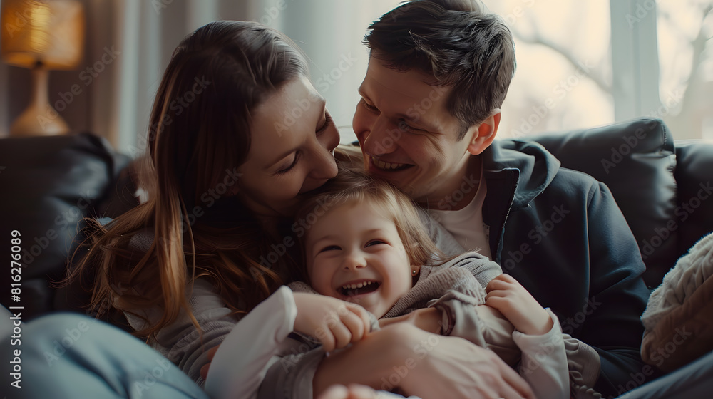Happy young parents cuddling sweet adorable kid girl on comfortable home couch hugging child with love adoration laughing spending family leisure with daughter child together : Generative AI Happy young parents cuddling sweet adorable kid girl on comfortable home couch hugging child with love adoration laughing spending family leisure with daughter child together : Generative AI