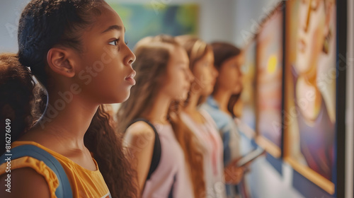 Diverse group of teenagers looking at abstract art in art gallery or museum standing in row with African American girl in foreground : Generative AI photo