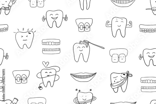 Seamless pattern of bad tooth and healthy tooth. Healthy smile. Oral hygiene theme elements. Stomatology, toothpaste, dental care, teeth health, toothbrush, braces. Healthcare and medicine. Doodle