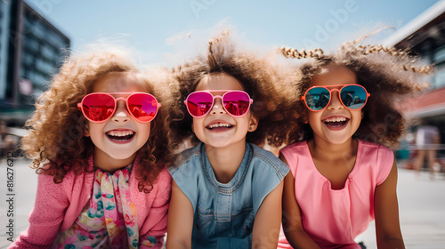 Three joyful young girls with curly hair wear bright sunglasses on a sunny day