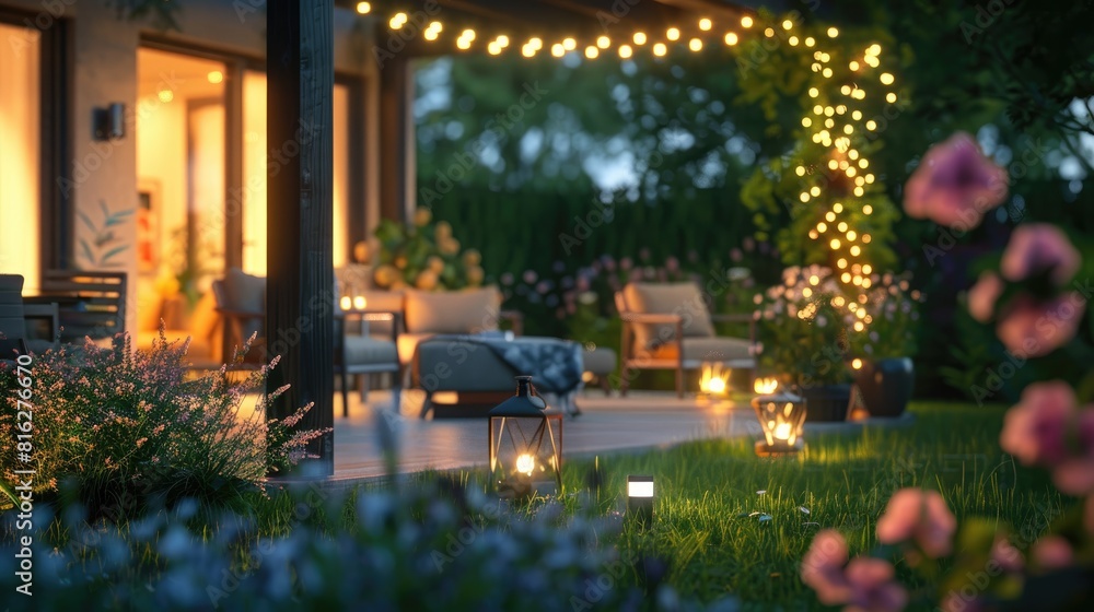 A backyard with a patio area lit up with lights and flowers. Scene is warm and inviting