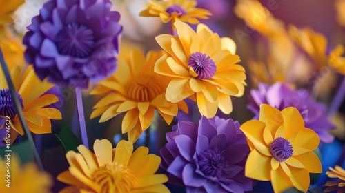 Bright morning sunlight illuminates yellow and purple paper flowers in the background