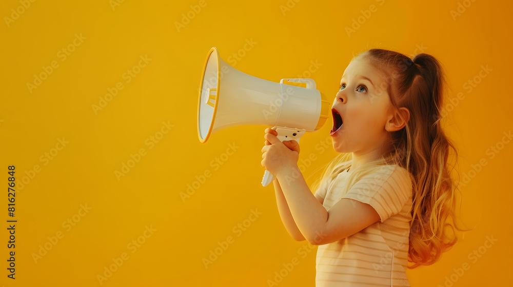 child girl shouts into a white megaphone on a bright yellow background Banner : Generative AI child girl shouts into a white megaphone on a bright yellow background Banner : Generative AI