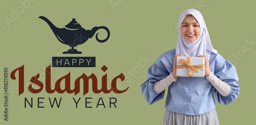 Young Muslim woman with gif...