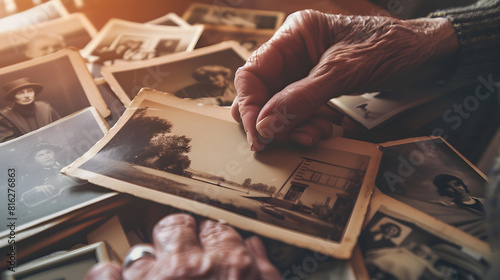 female hands fingering old photographs of 1950s stack of photos on the table concept of genealogy memory of ancestors family tree nostalgia childhood remembering : Generative AI photo