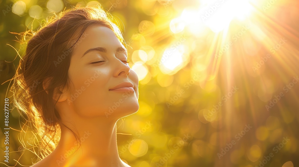 A woman is smiling and looking at the camera. The sun is shining brightly in the background. Concept of happiness and positivity A woman is smiling and looking at the camera. The sun is shining brightly in the background. Concept of happiness and positivity