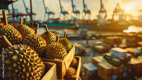 A crate of durians sits on a dock next to a large container ship