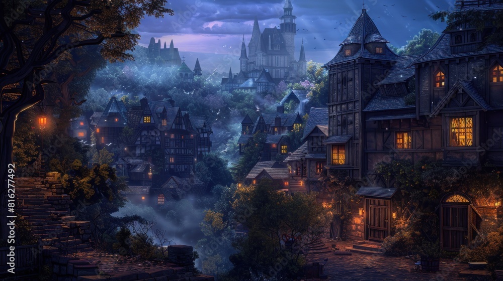 Obraz premium Beautiful Old medieval village at night, highly detailed 3d digital art style