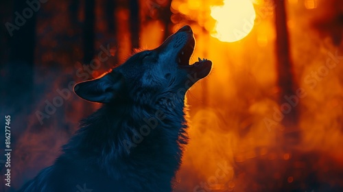 A wolf is howling at the moon in the woods