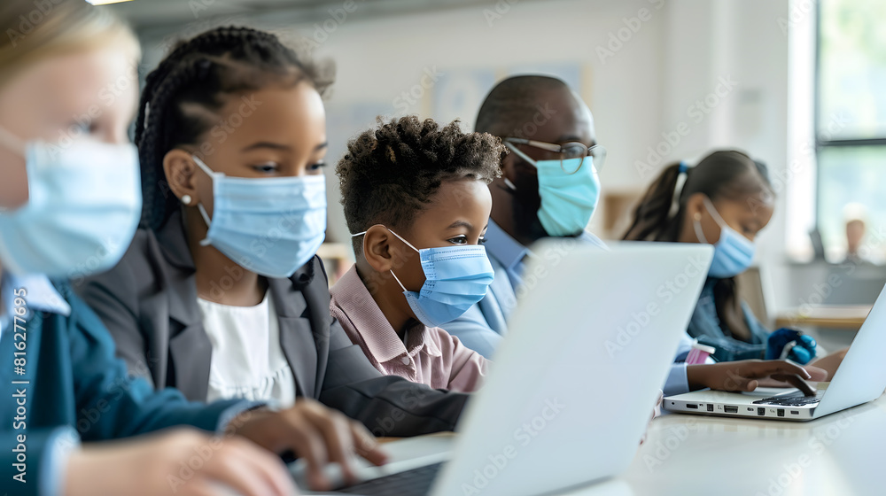 Group of school kids with protective face masks learning on laptop with their teacher during a class in the classroom : Generative AI Group of school kids with protective face masks learning on laptop with their teacher during a class in the classroom : Generative AI