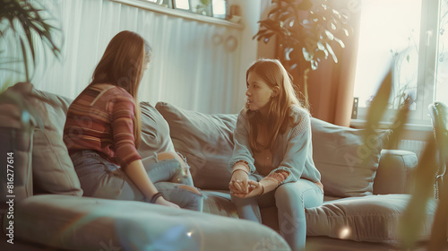 Mother with her teenage daughter at meeting with social worker psychologist discussing mental health family sitting on sofa in psychotherapist office : Generative AI