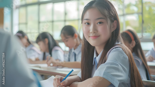 Academic Concept Smiling junior asian school girl sitting at desk in classroom writing in notebook posing and looking at camera Group of diverse classmates studying in the background : Generative AI