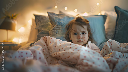 Little toddler girl with chicken pox in bed playing at home quarantine isolation during sickness : Generative AI