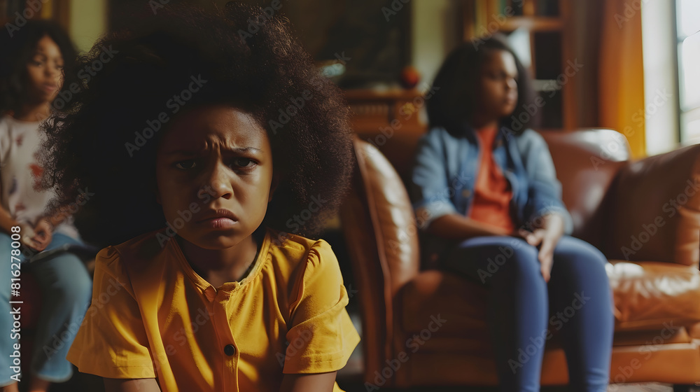 Upset African American girl sitting alone in armchair parents quarreling on background preschooler crying daughter suffering from mother and father quarrels problem in family break up : Generative AI Upset African American girl sitting alone in armchair parents quarreling on background preschooler crying daughter suffering from mother and father quarrels problem in family break up : Generative AI