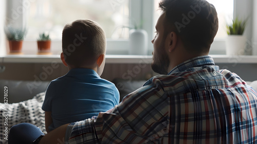 Back view of dad sit on couch with preschooler son talking sharing thoughts or problems loving father speak have conversation with little boy child support him showing care and underst : Generative AI photo