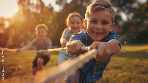 Children playing tug of war at the park : Generative AI photo