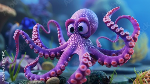 Vibrant illustration of a friendly purple octopus with big eyes in a colorful coral reef